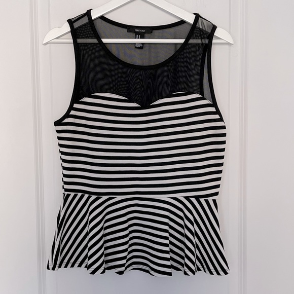 ☀️3/15$ Forever 21 Mesh Top Striped Peplum Tank Top - Picture 2 of 4
